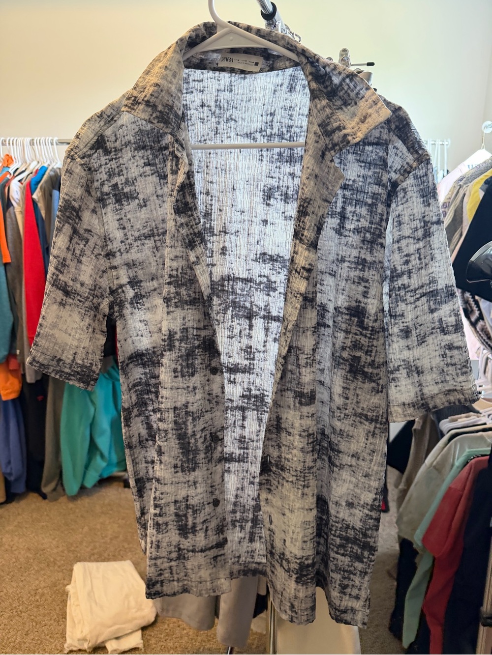 Zara Black and White Textured Short Sleeve Open Jacket